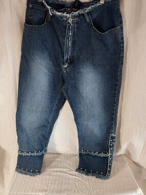 Lazer Jeans High Rise Studded Fringe Crop Wide Leg Wide Hem Denim Size 14